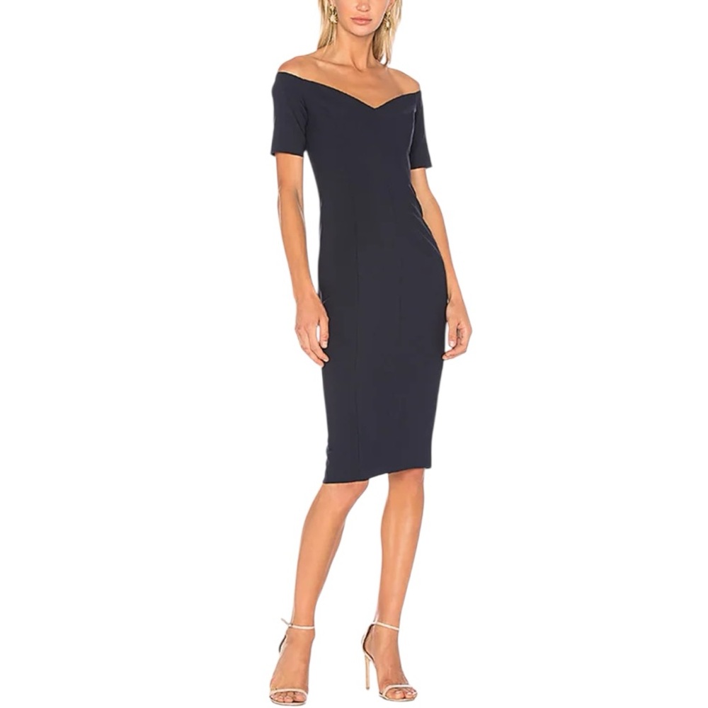 Cinq a Sept Navy Birch Dress Off the Shoulder Sheath Short Sleeves size 4 Midi